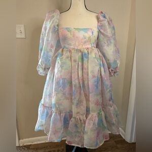 Linjia Shop pastel watercolor blouson midi dress ruffles SZ SM